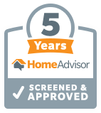 HomeAdvisor Screened & Approved badge: gray and orange, 5 years, checkmark.