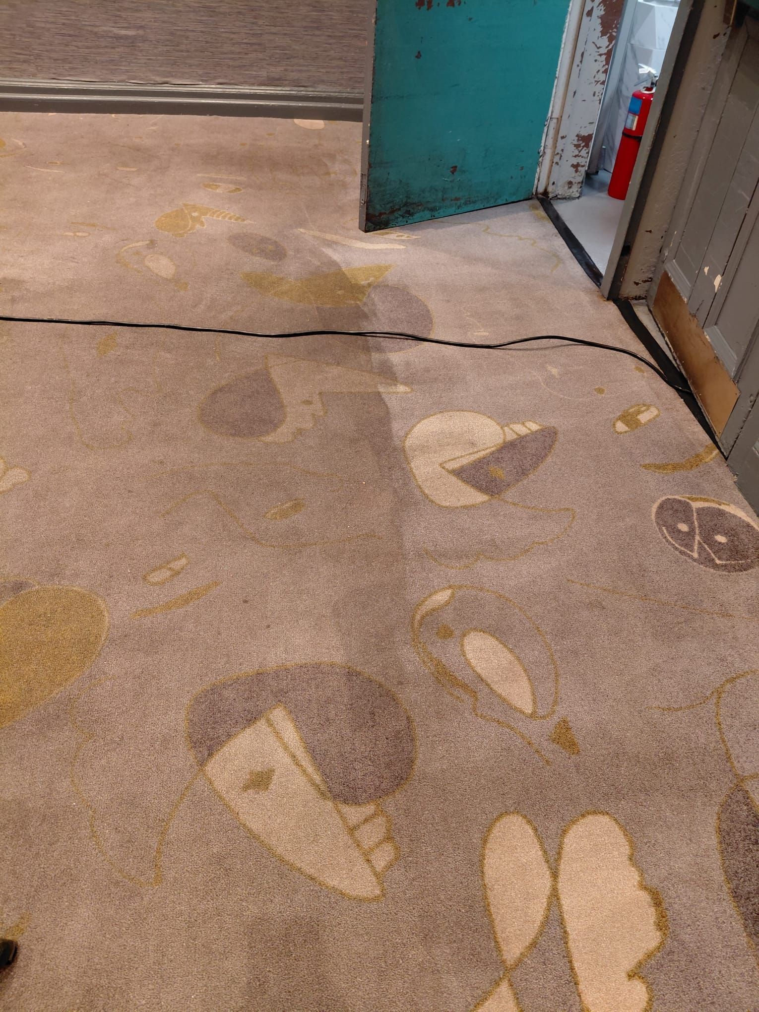 Concrete floor with faded painted footprints leading to a teal door in a hallway