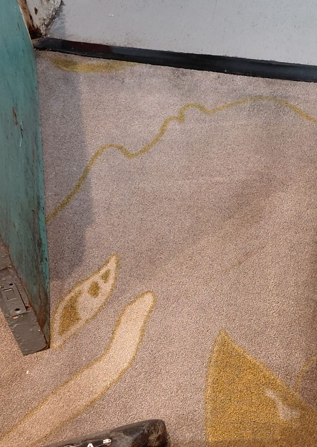 Beige carpet with abstract yellow leaf and wavy line patterns beside a teal wall corner