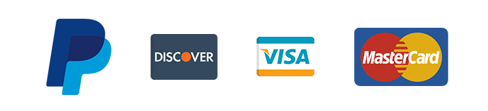 Logos for PayPal, Discover, Visa, and Mastercard payment methods.