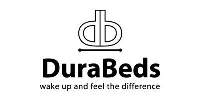 The logo for dura beds is black and white and says `` wake up and feel the difference ''.