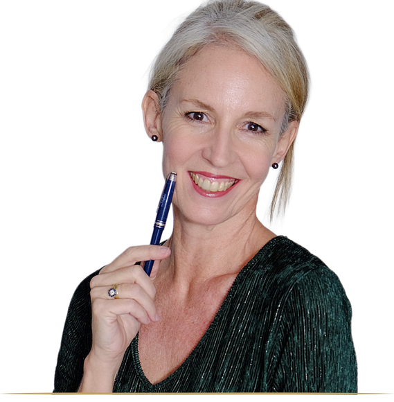 Smiling woman in a dark green top holding a blue pen against a white background