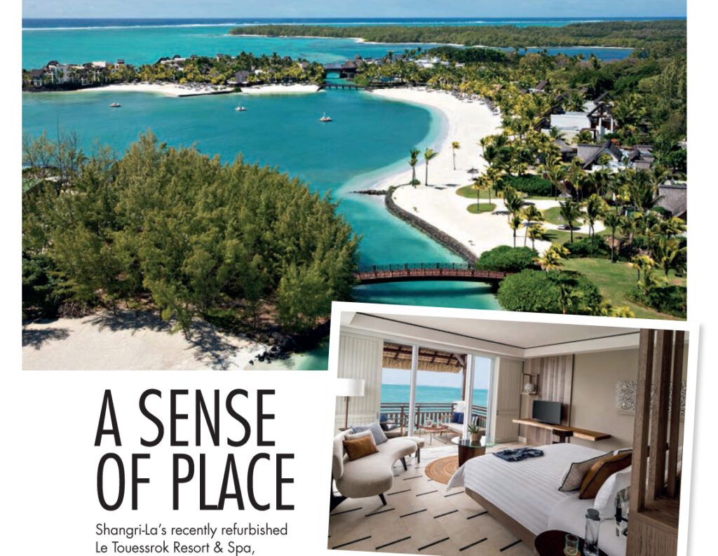Turquoise beach resort with white sand, palm trees, and a bedroom inset; text reads “A Sense of Place”