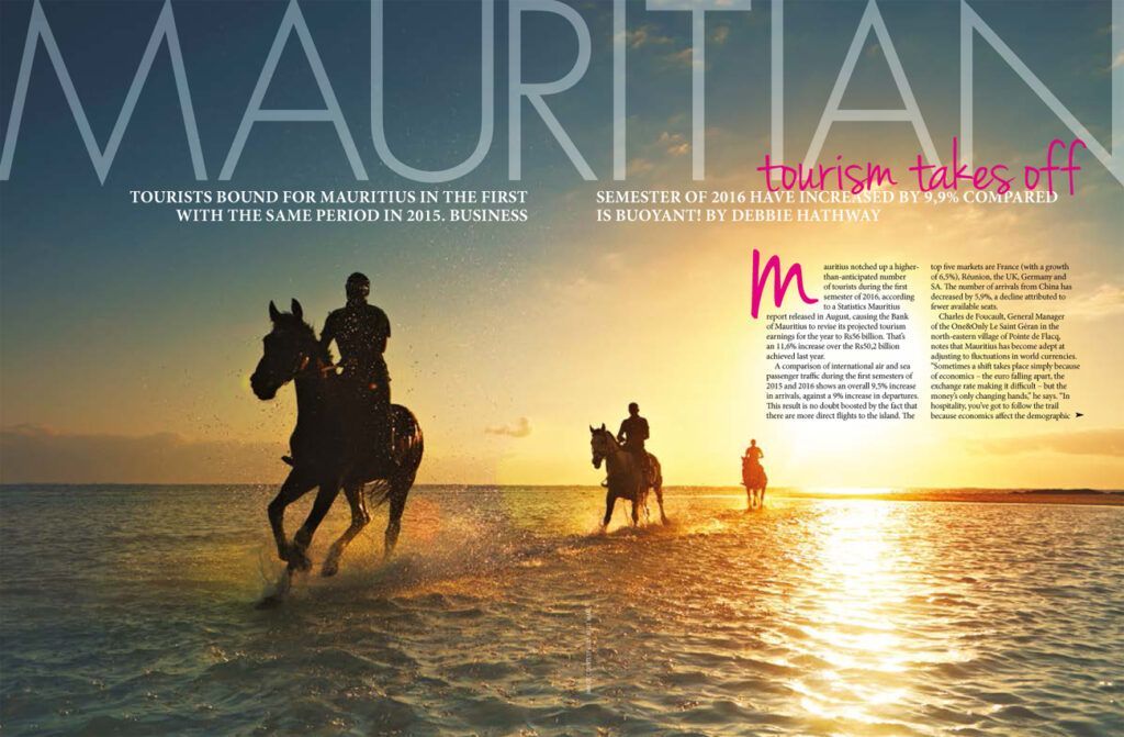 Mauritian travel poster with silhouetted horseback riders on a glowing sunset beach.