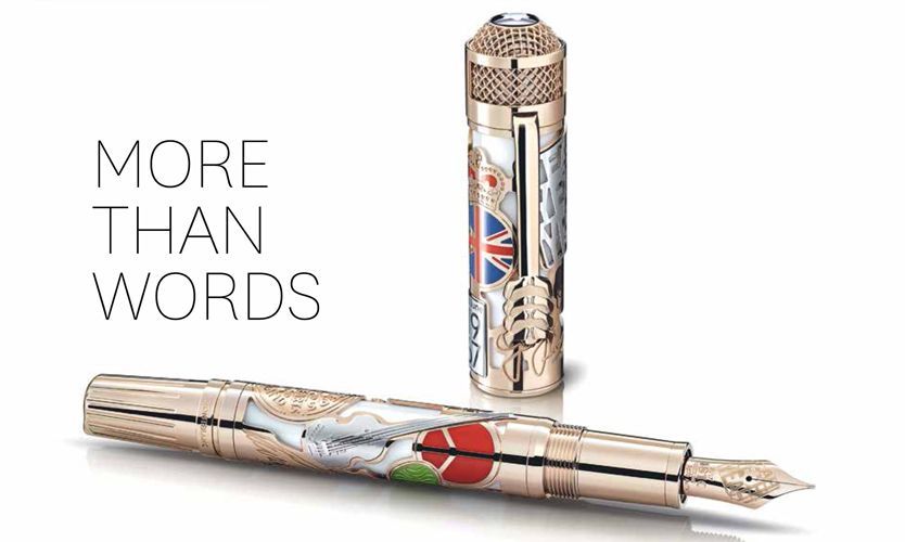 Three elegant fountain pens with Union Jack and heart designs, beside the words 