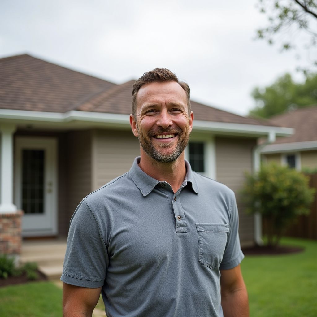 Man in grey polo smiling in front of a house with a lawn.