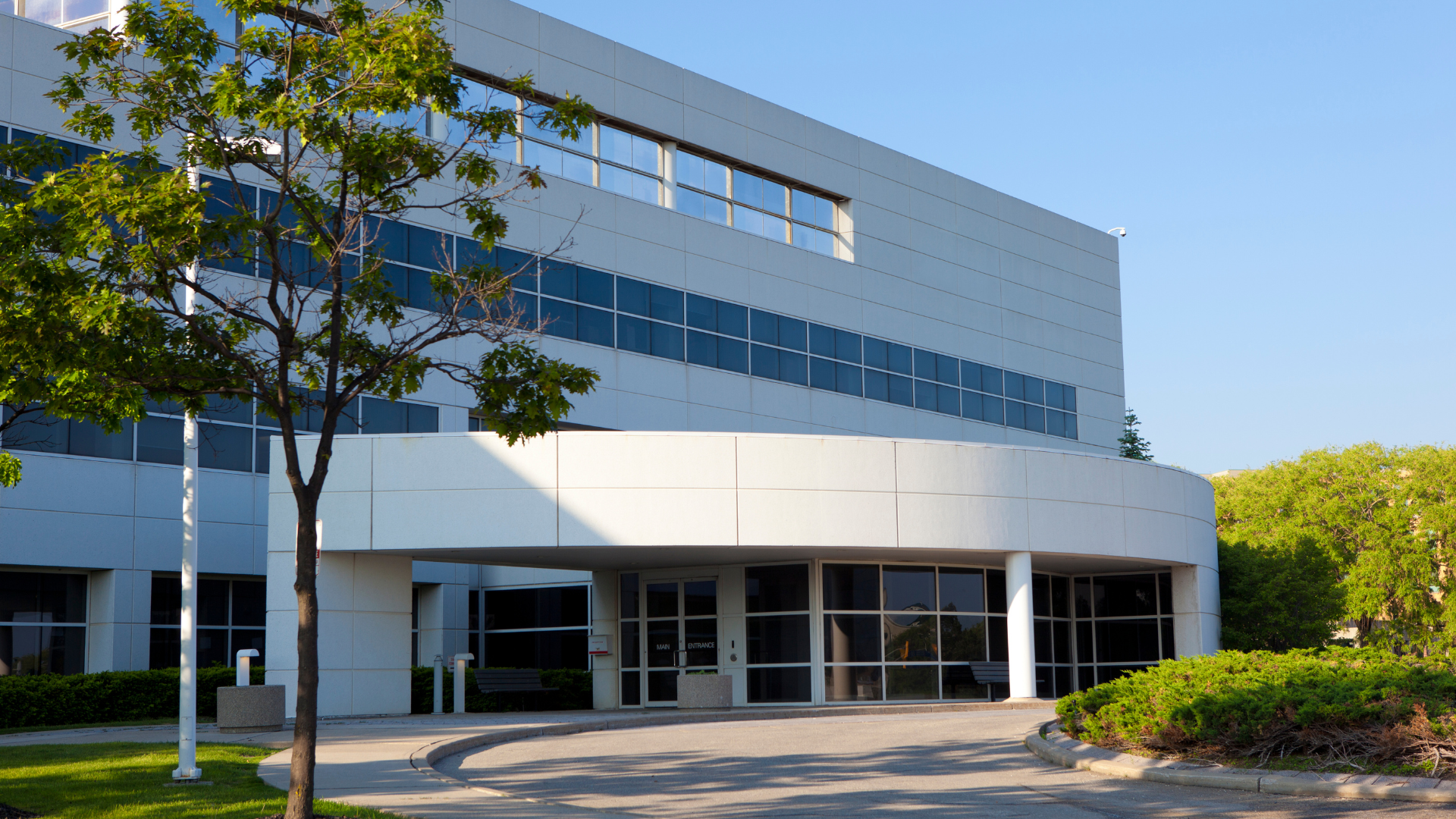 Modern building with a curved entryway, featuring glass doors and windows, framed by green trees and blue sky.