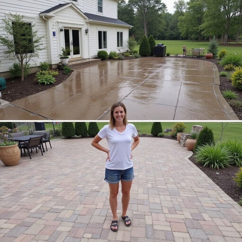 Woman stands on a newly-laid brick patio in front of a house; comparison of previous concrete surface shown above.