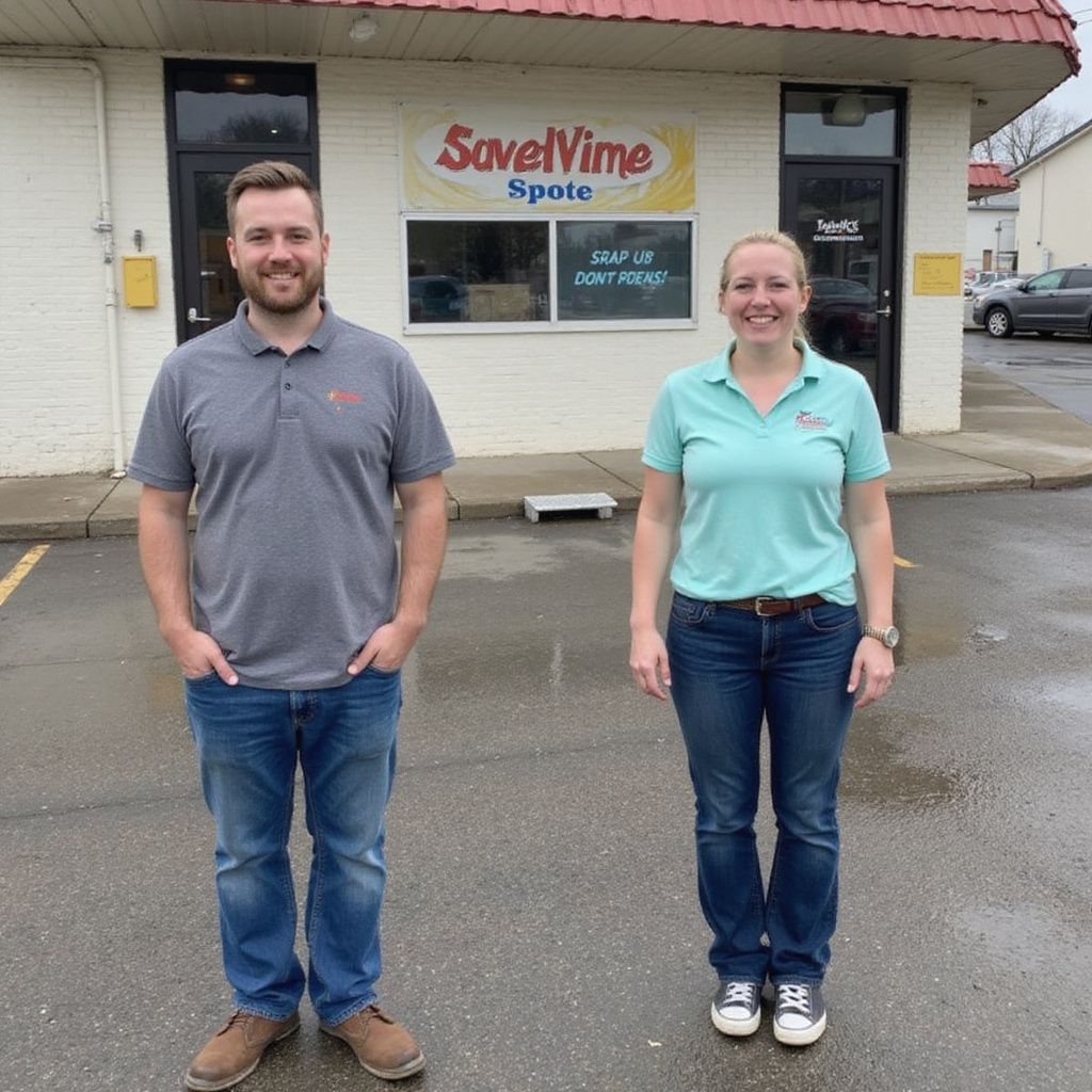 Two people standing in front of a store. Man in gray shirt, woman in teal shirt. 