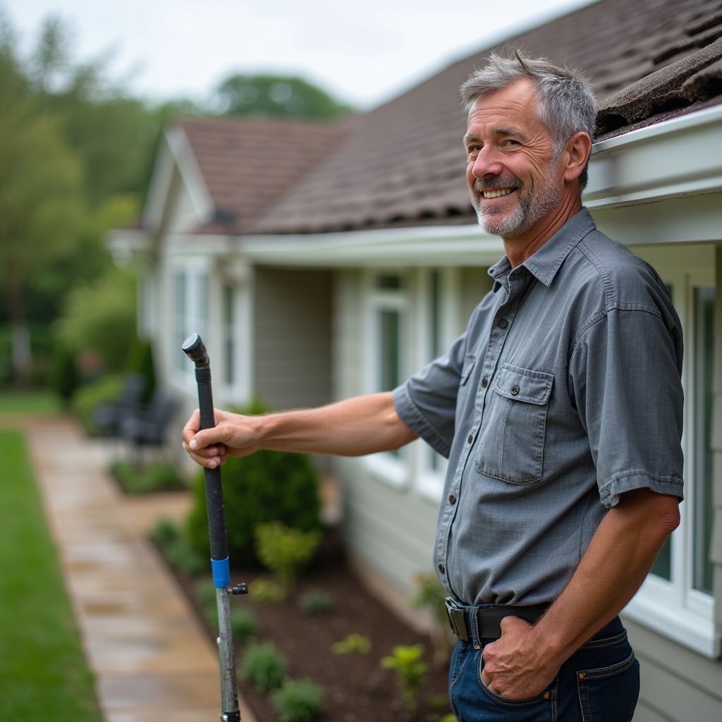 Man with a cane smiles next to a house. He wears a grey shirt, jeans, and stands outside.