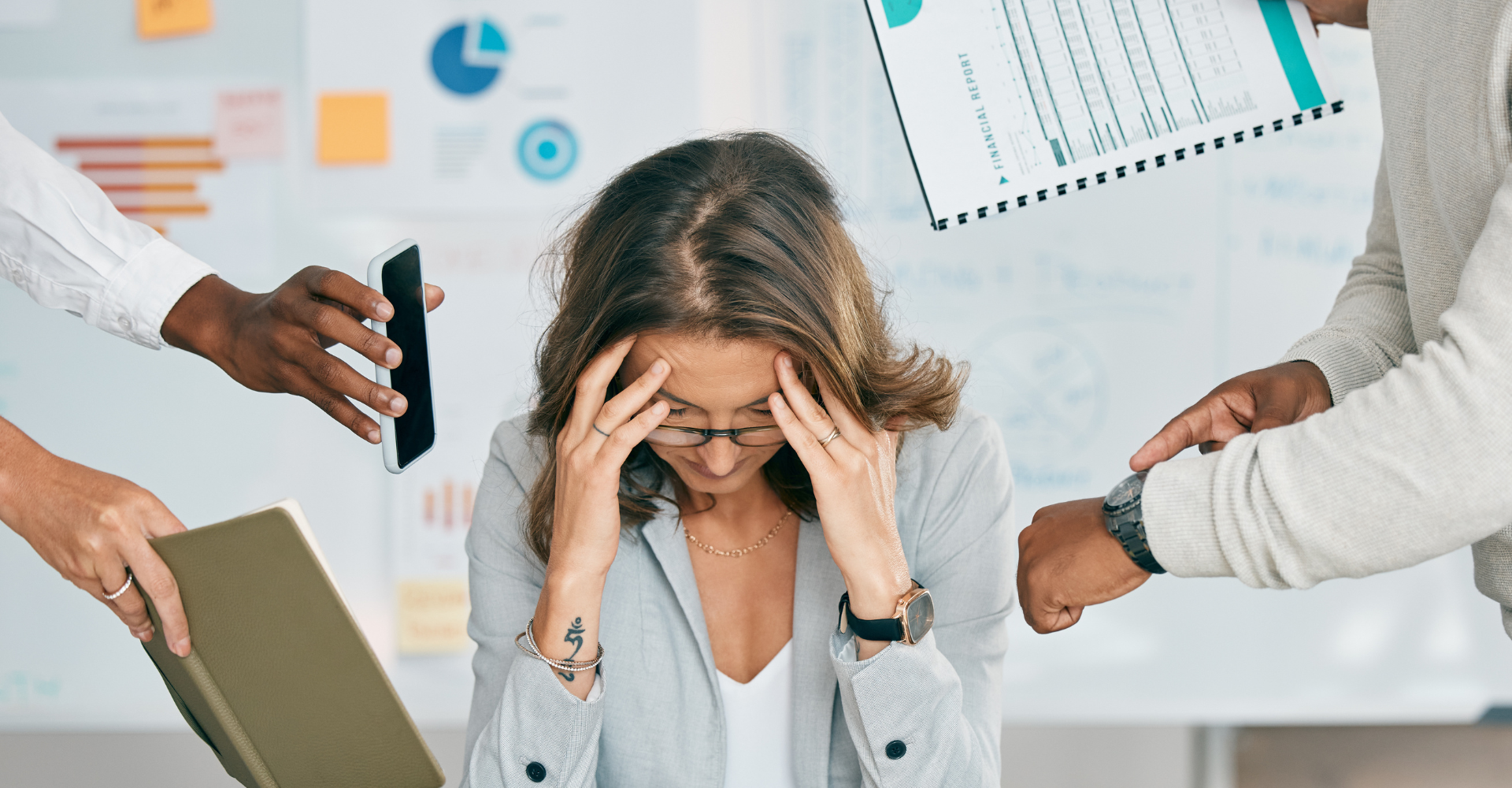 A stressed woman holds her head, surrounded by colleagues demanding attention with a phone, chart, and notebook.