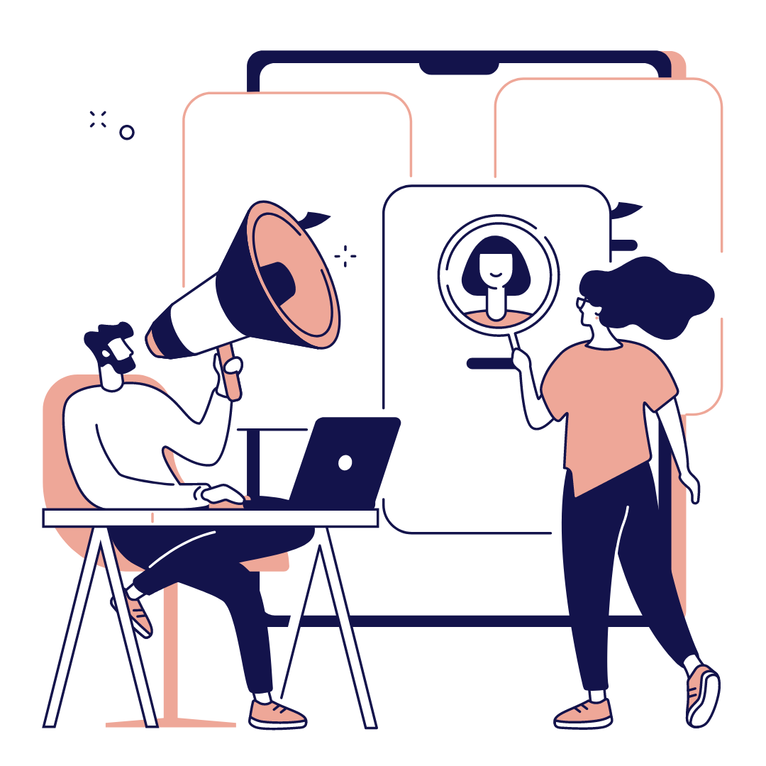 Illustrated Graphic: A man holding a megaphone on a computer at a table. A woman holding a magnifying glass, at a computer.