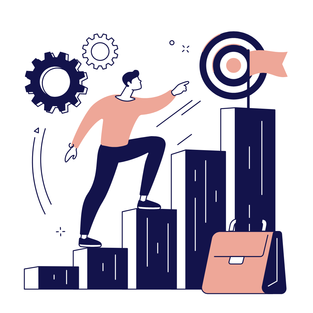 Illustration of a person climbing bar charts, pointing at a bullseye target with a flag with gears in the background.