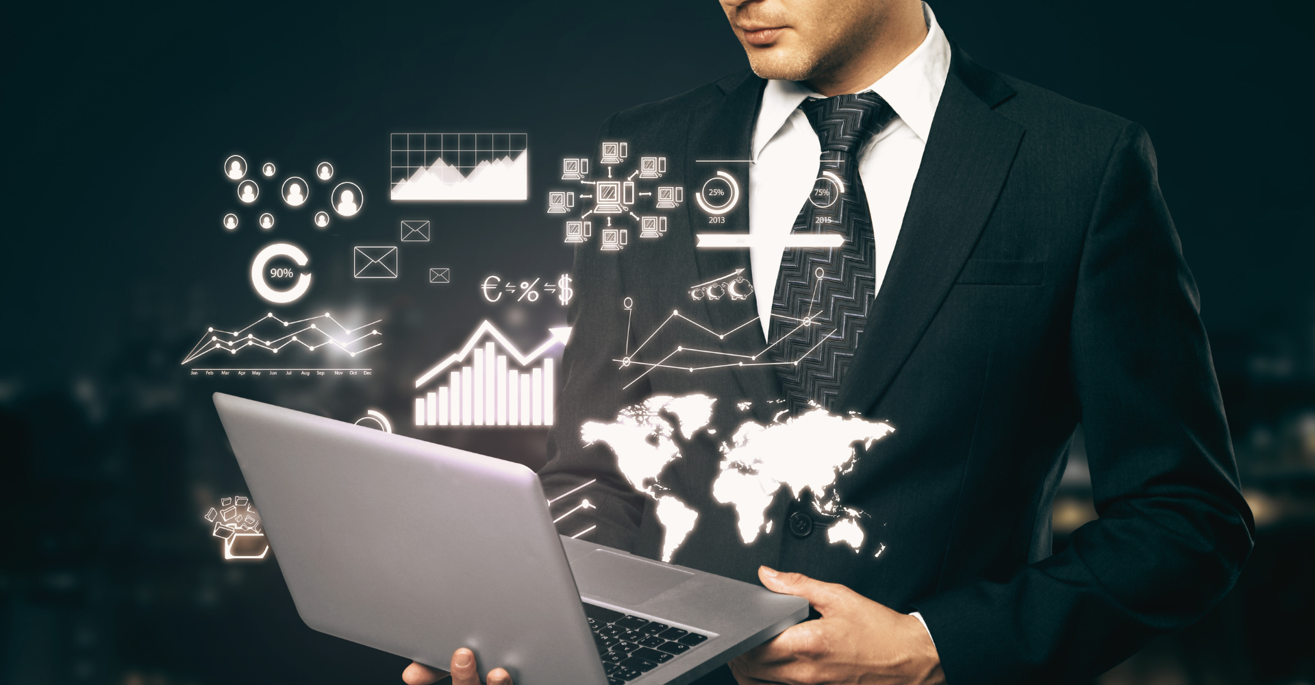 A man in a suit holds a laptop, surrounded by glowing digital graphs, data, and a world map.