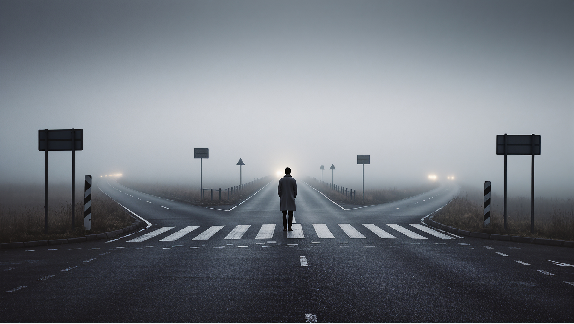 A solitary figure stands at a foggy crossroads under dim light, evoking mystery. Headlights glow in the distance.
