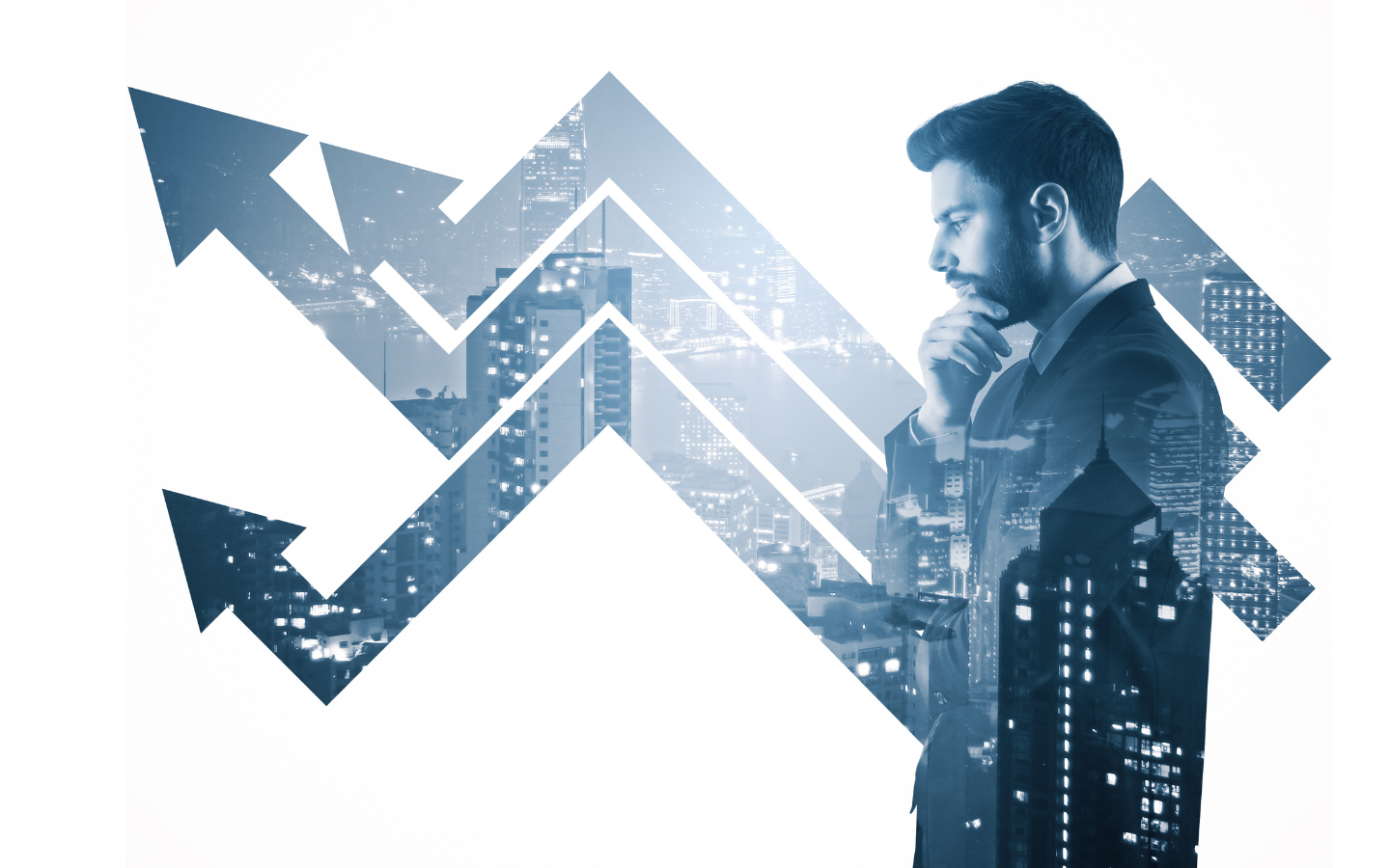 Man in suit contemplating with cityscape background and upward arrows, symbolizing growth and progress. Reflective mood.
