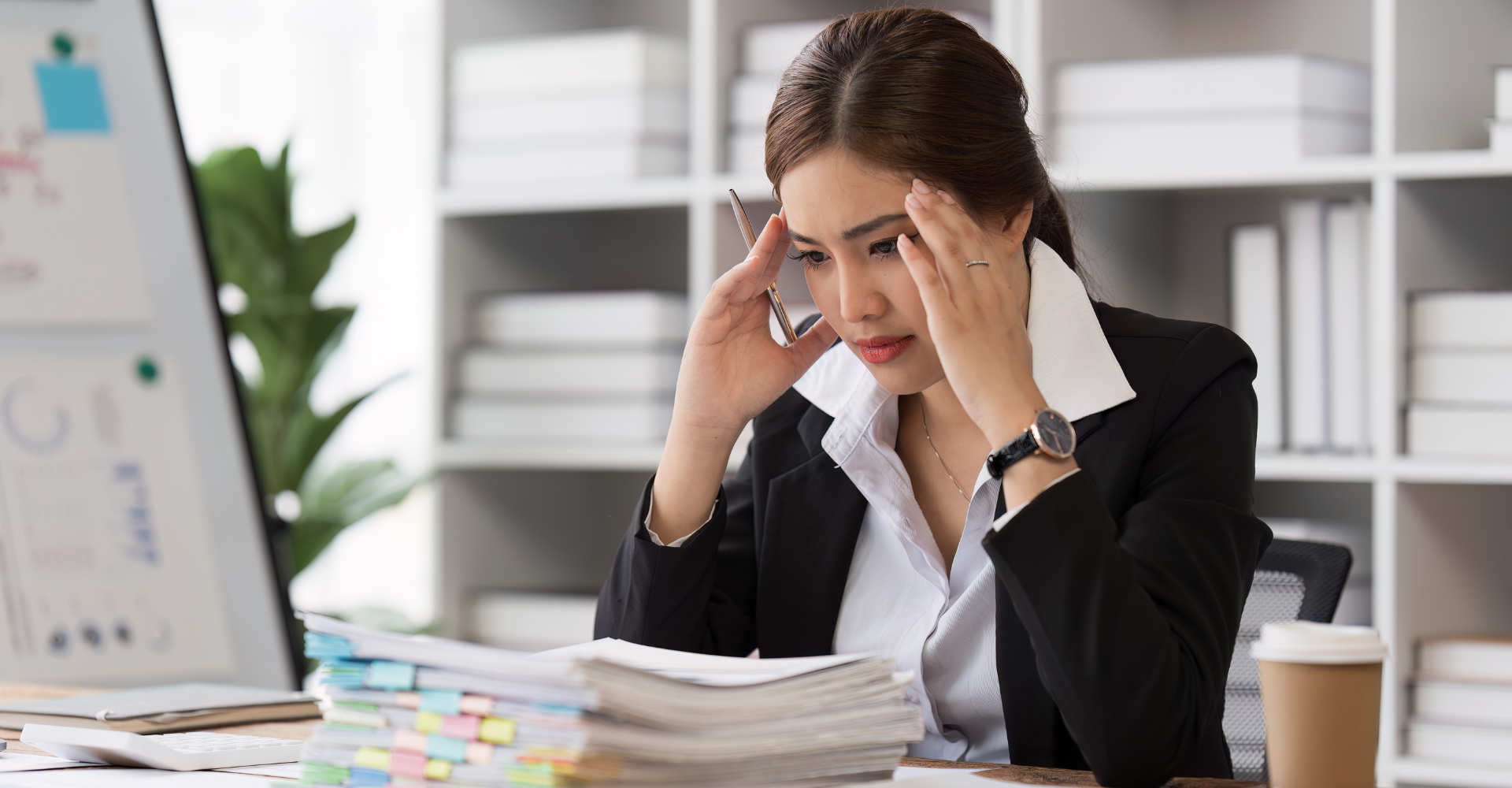 A stressed woman in a business suit sits at a desk filled with papers, holding her head while talking on the phone.