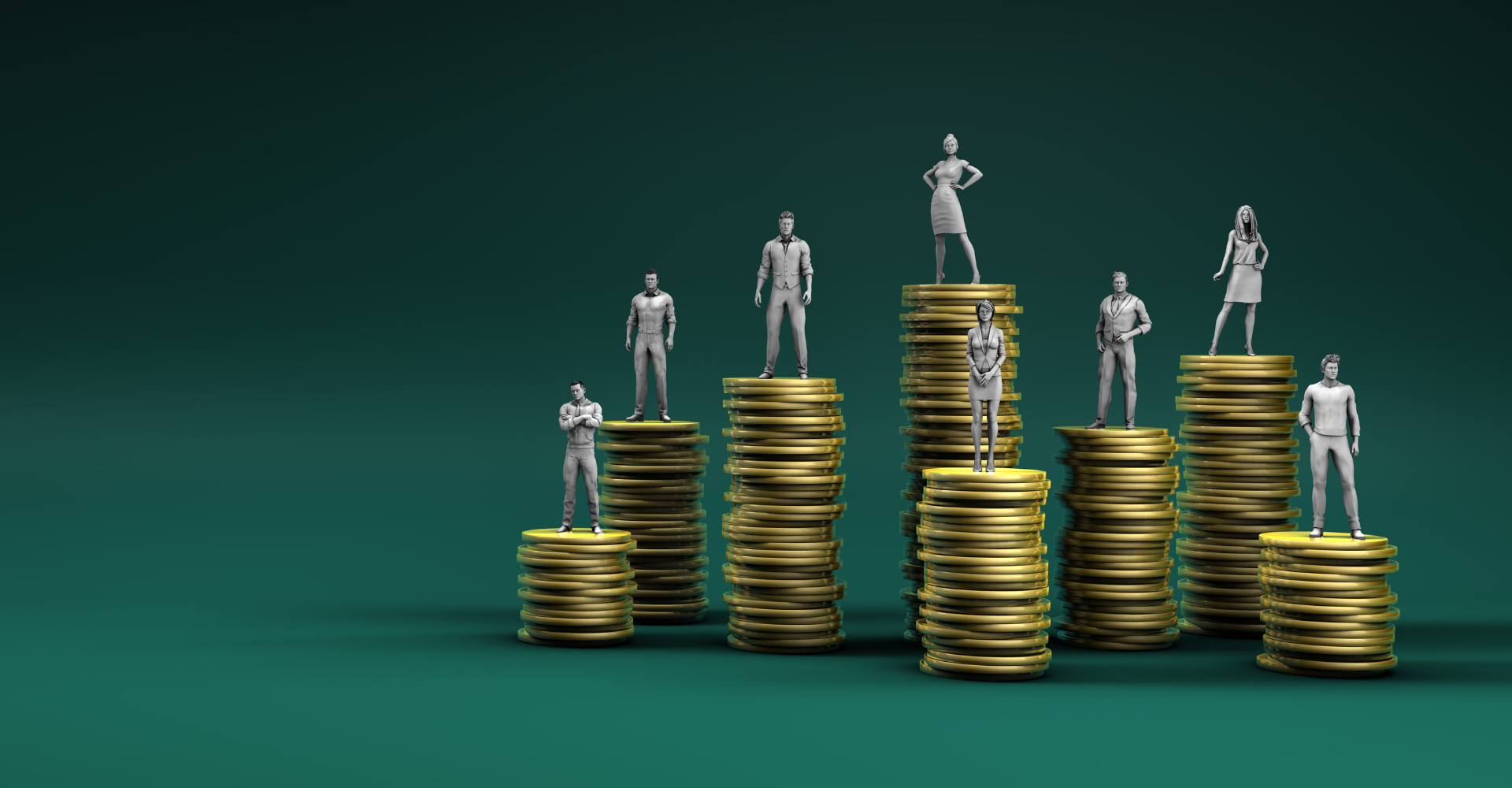 Illustration of seven gray human figures standing on uneven stacks of gold coins, symbolizing financial hierarchy.