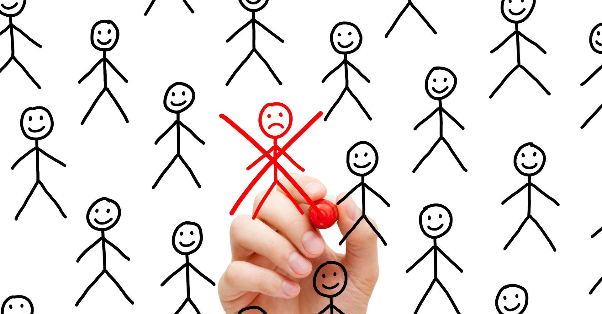 Hand drawing stick figures with smiley faces; one figure is in red with a sad face, marked with an X.