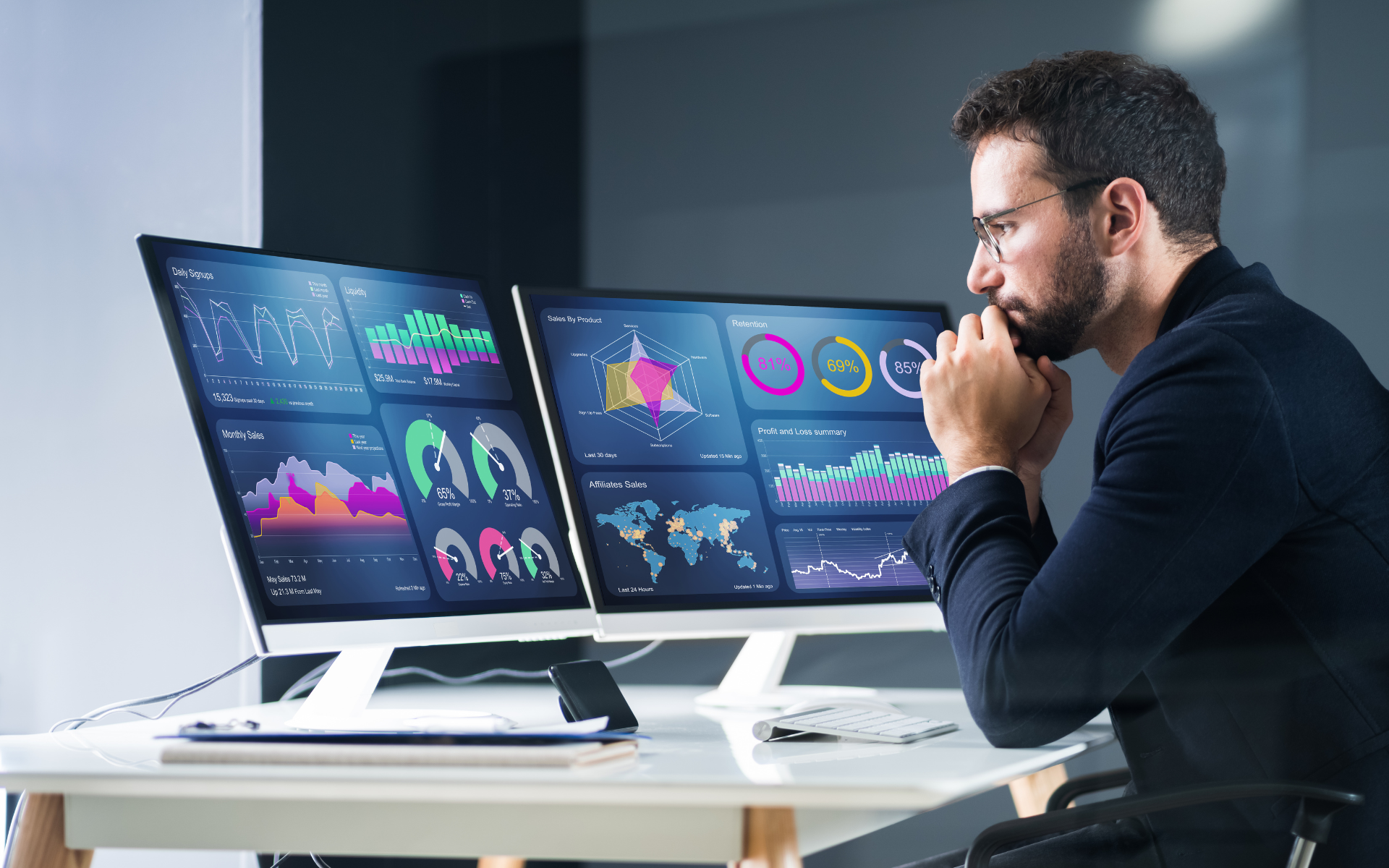A man sitting at a desk in a thinking pose, looking at two screens with a lot of different, colorful graphs.