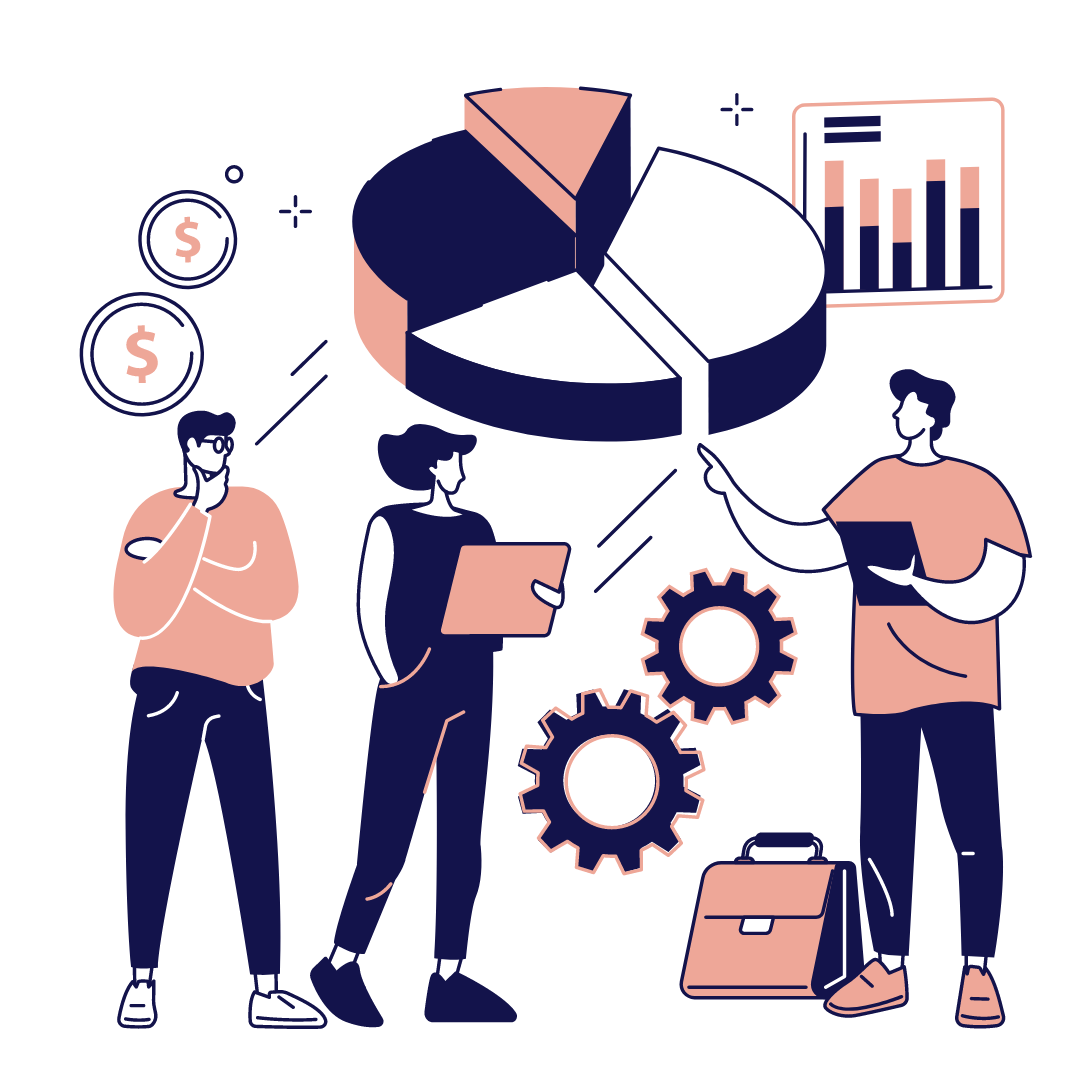 Illustration of three people discussing data, with charts, gears, and currency symbols, suggesting teamwork and analysis.