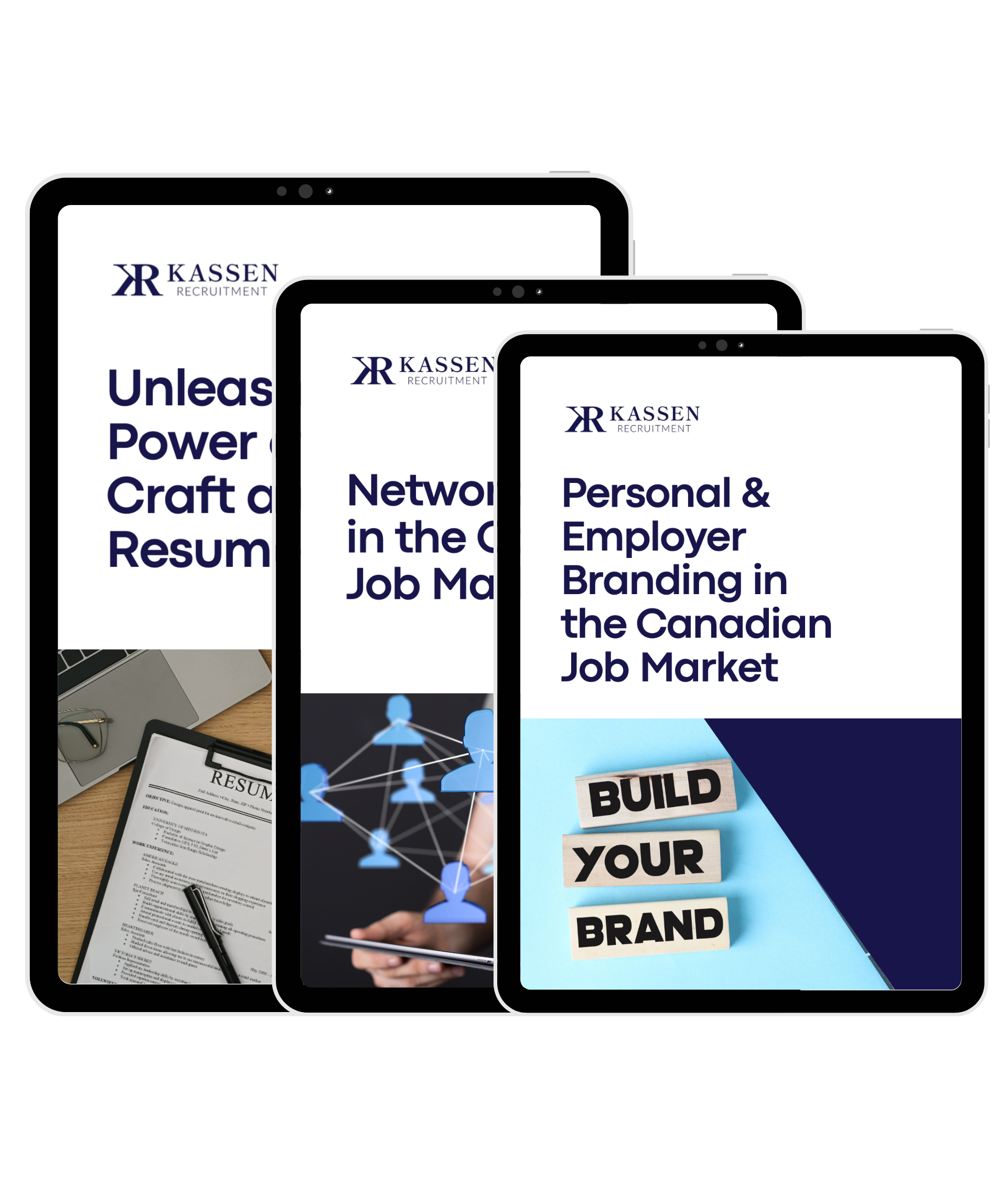 Three tablets display blogs by Kassen Recruitment on three tablets.