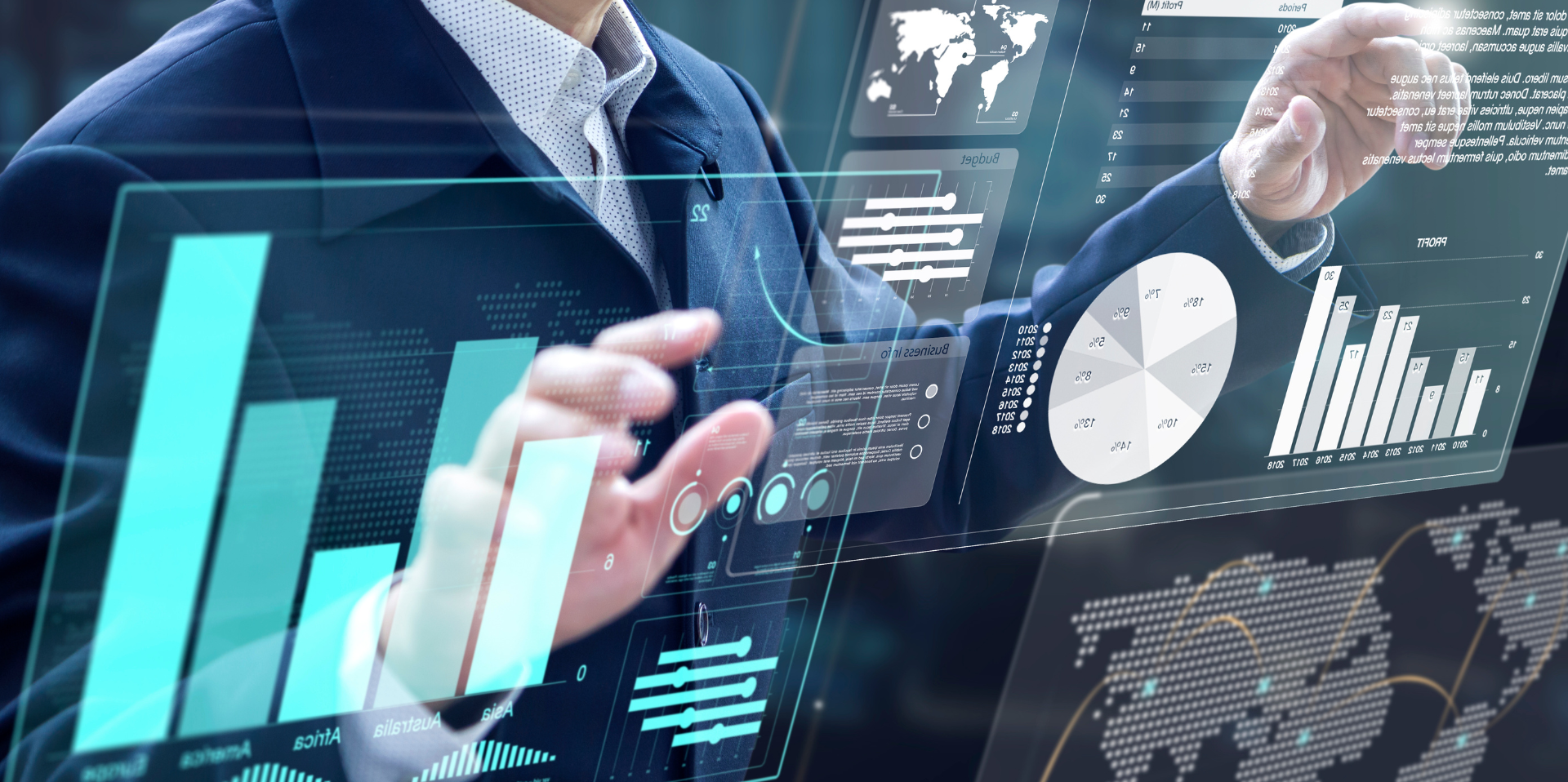 A person in a suit interacts with holographic screens displaying charts, graphs, and maps. 