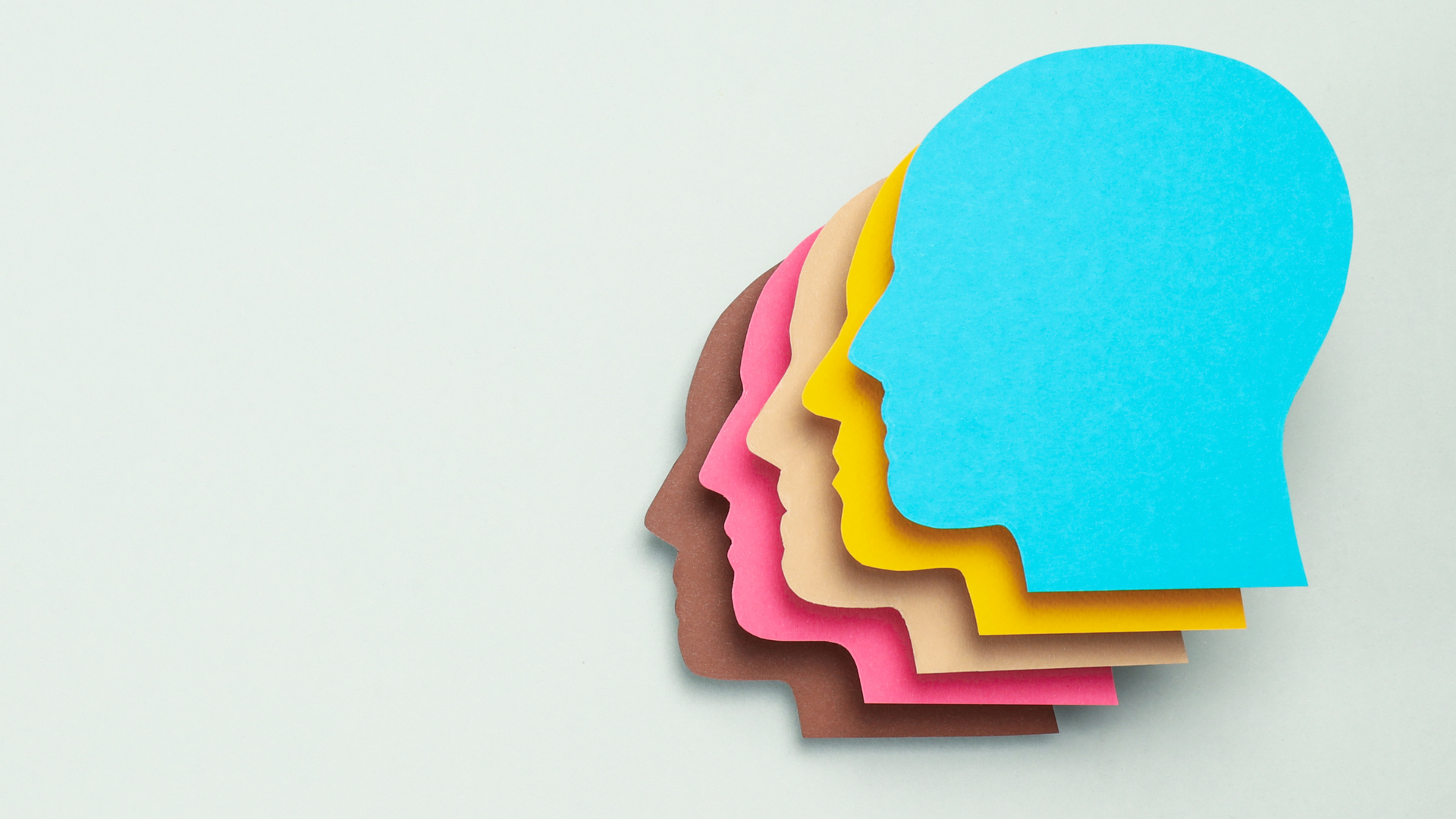 Colorful overlapping human head silhouettes in blue, yellow, pink, red, and brown, conveying diversity and unity.