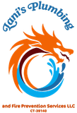 Logo for Jani's Plumbing: Dragon over water, blue and orange. 