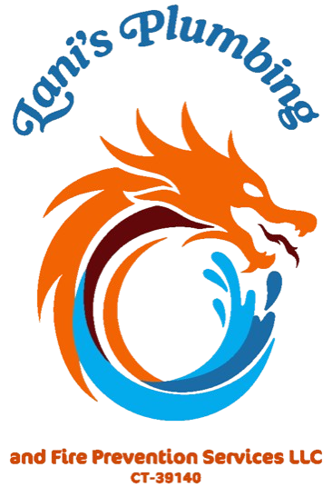 Logo for Jani's Plumbing: Dragon over water, blue and orange. 