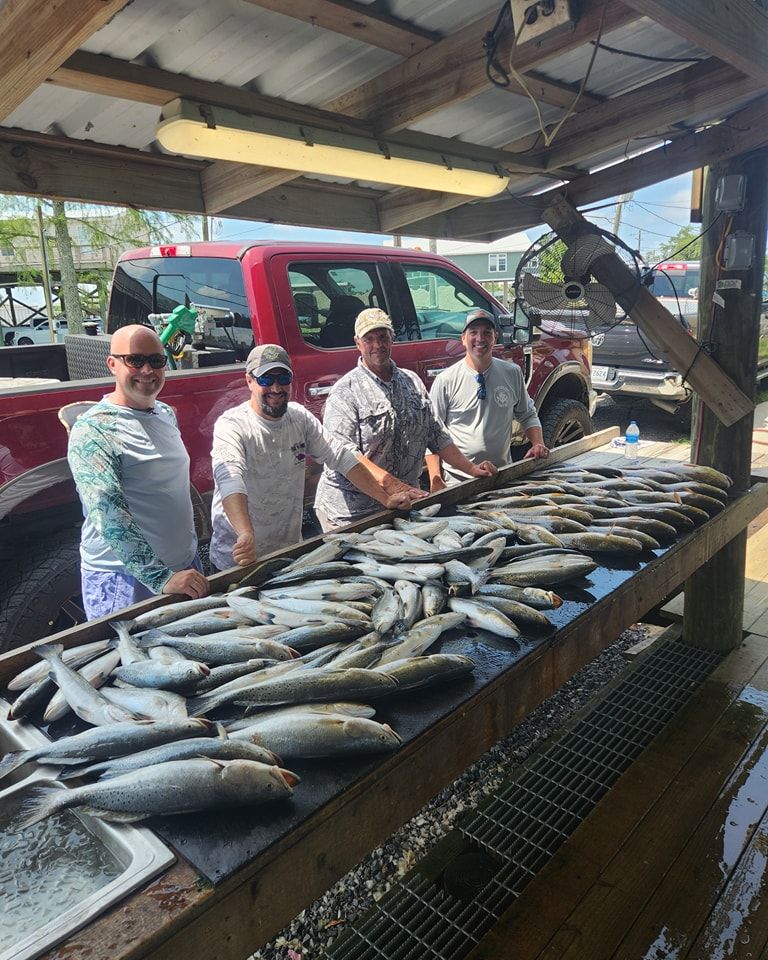 Four people stand behind a cleaning table covered with a large catch of fish, with a red truck parked in the background.