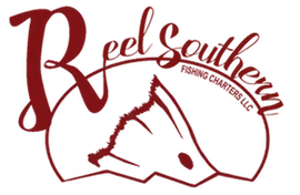 The dark red logo for "Reel Southern Fishing Charters LLC" features a stylized fish silhouette integrated into the text.