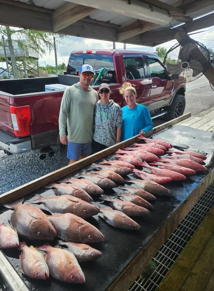 Three people stand behind a fish cleaning table filled with red snapper, with a red pickup truck parked in the background.