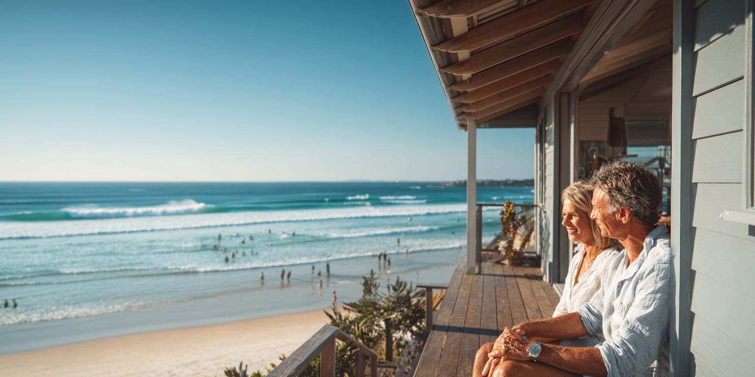 Couple sitting on a porch, overlooking a beach with ocean waves under a blue sky.