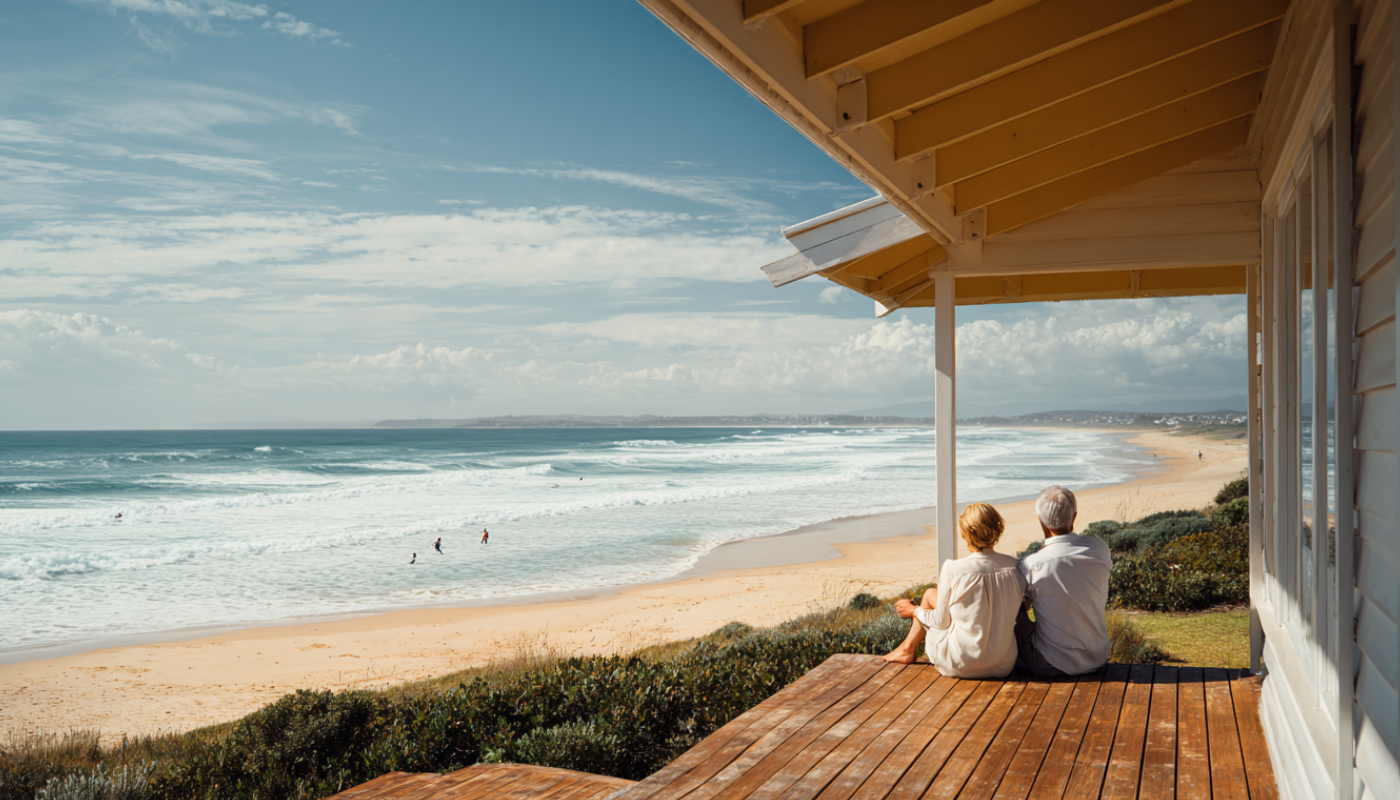 Couple sitting on porch overlooking a beach, watching ocean waves. Sunny day.