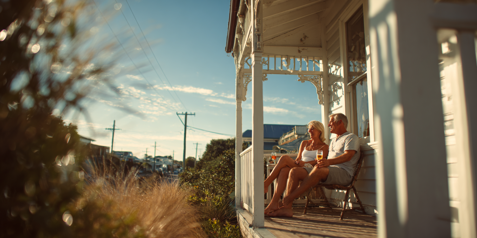 Couple sitting on a porch, enjoying a sunny day.