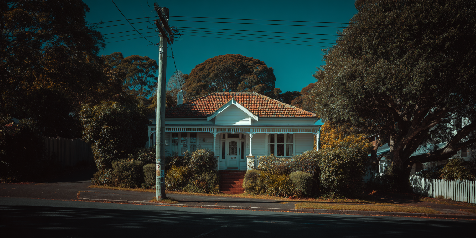 A white house with a red-tiled roof sits among trees, in front of a dark blue sky. A telephone pole is on the left.