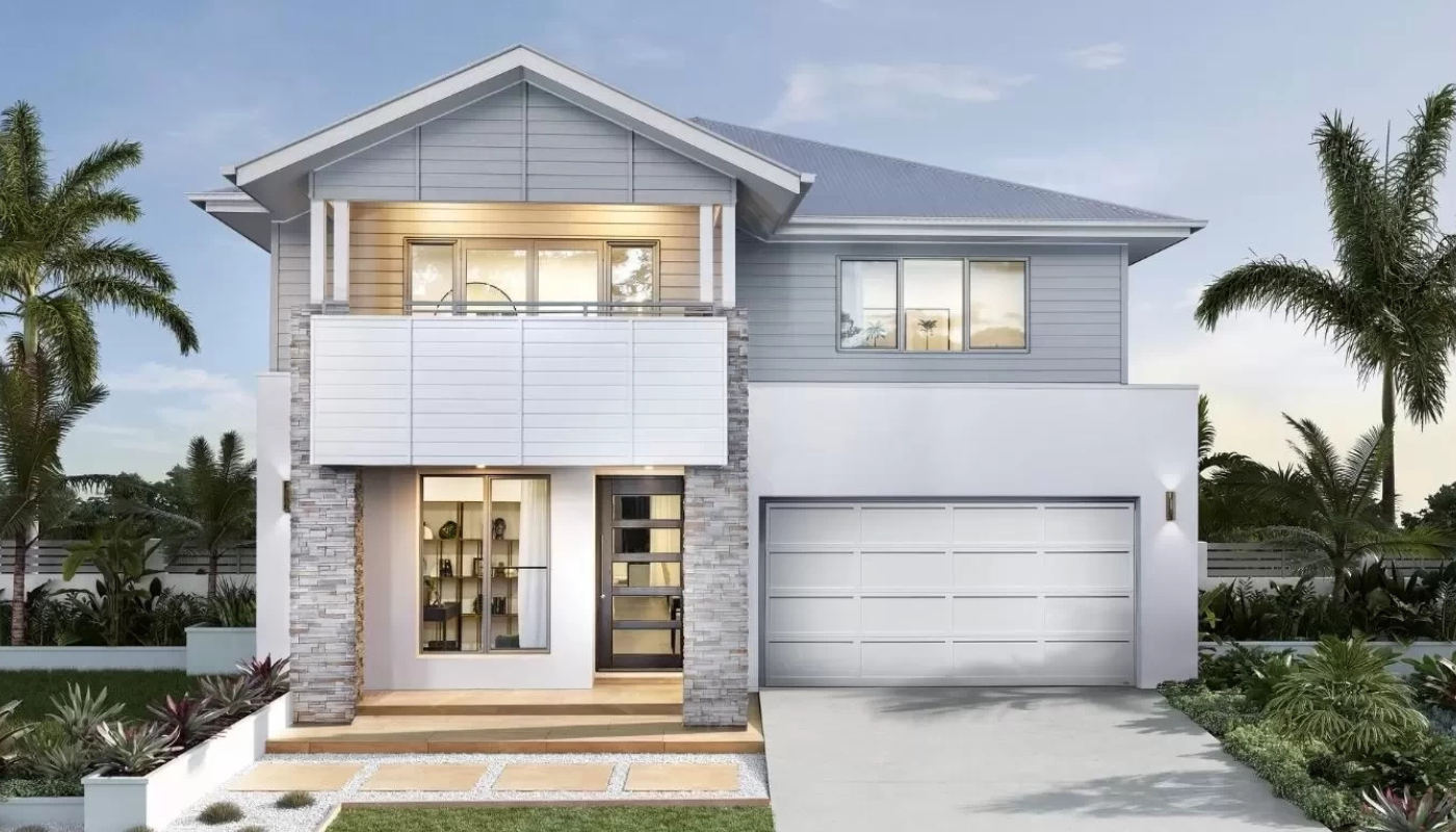 Two-story modern house with grey and white exterior, garage, balcony, and palm trees.