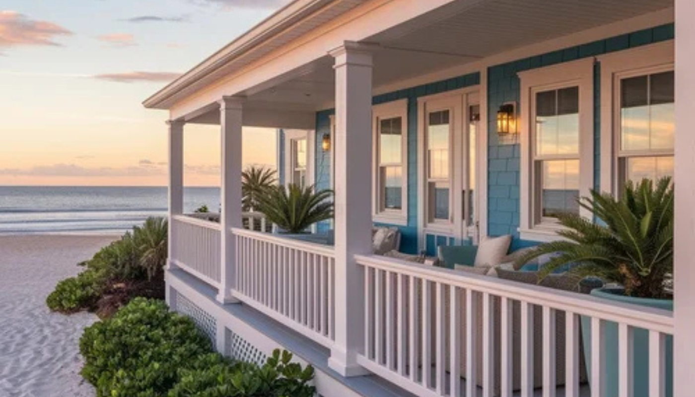 A light blue beach house with a white wrap-around porch at sunset, overlooking a sandy beach and the ocean.