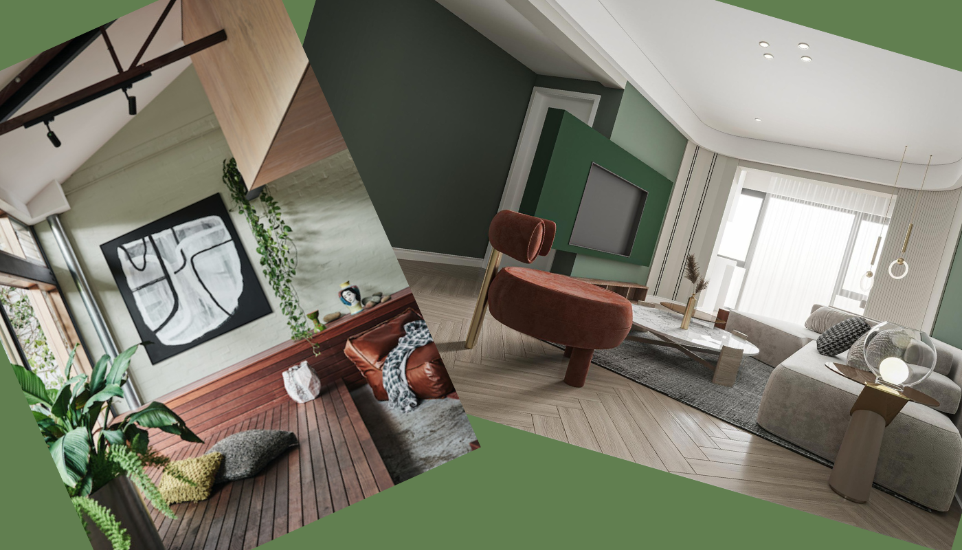 A split-view interior design concept showing a green-toned living room with contemporary furniture and decor.