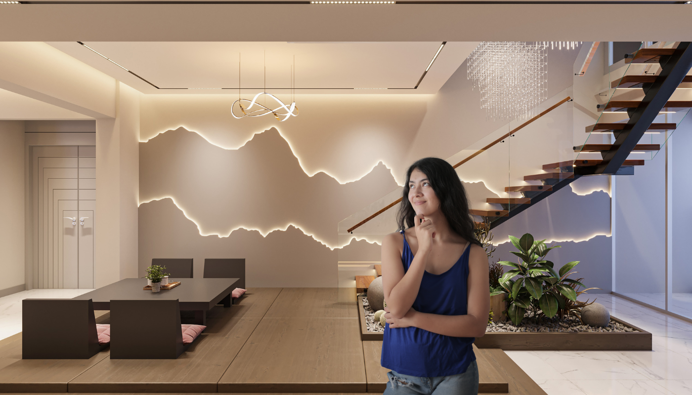 A person looks thoughtfully at a modern interior with a raised platform, dark dining table, and a glowing mountain mural.