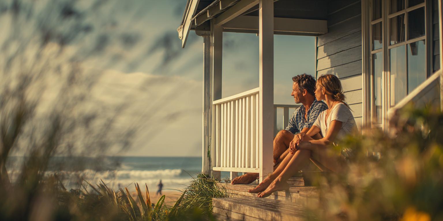 Couple sitting on a porch, looking out at the ocean. Soft focus with beach grass in the foreground.