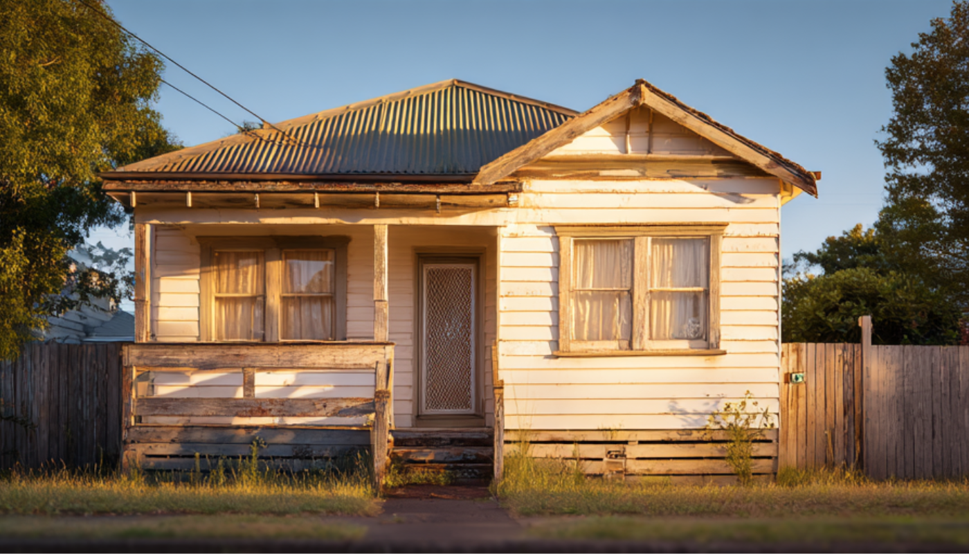 Weathered, one-story house with a small porch, wooden fence, and overgrown grass. Sunlight casts shadows.