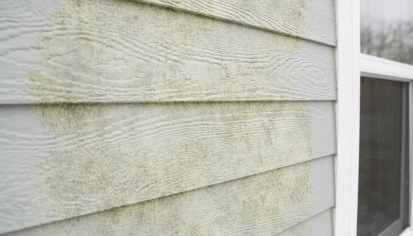 Gray siding with green algae near a white window.