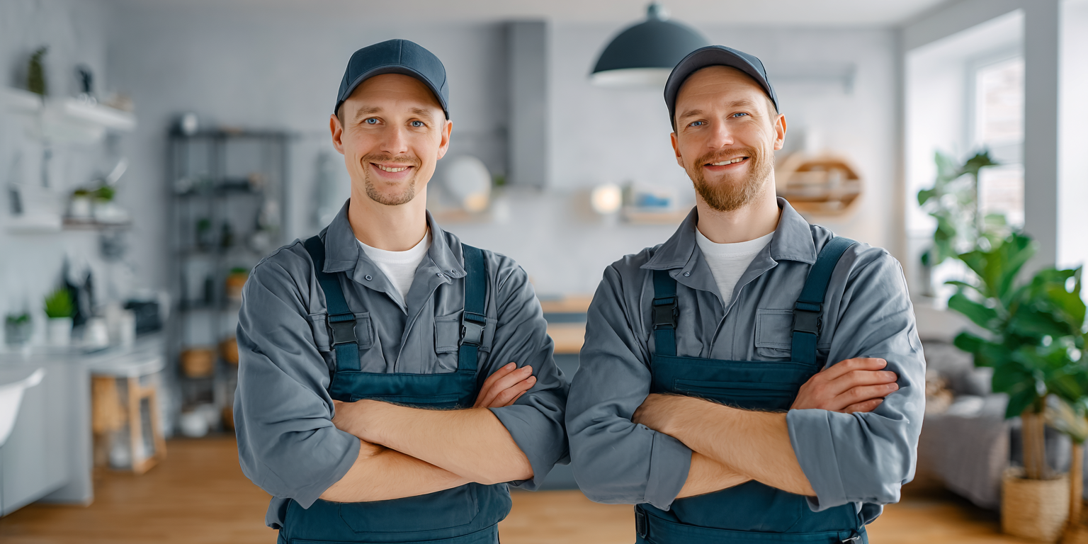 Two smiling professionals in grey work uniforms and caps stand with arms crossed in a kitchen setting.