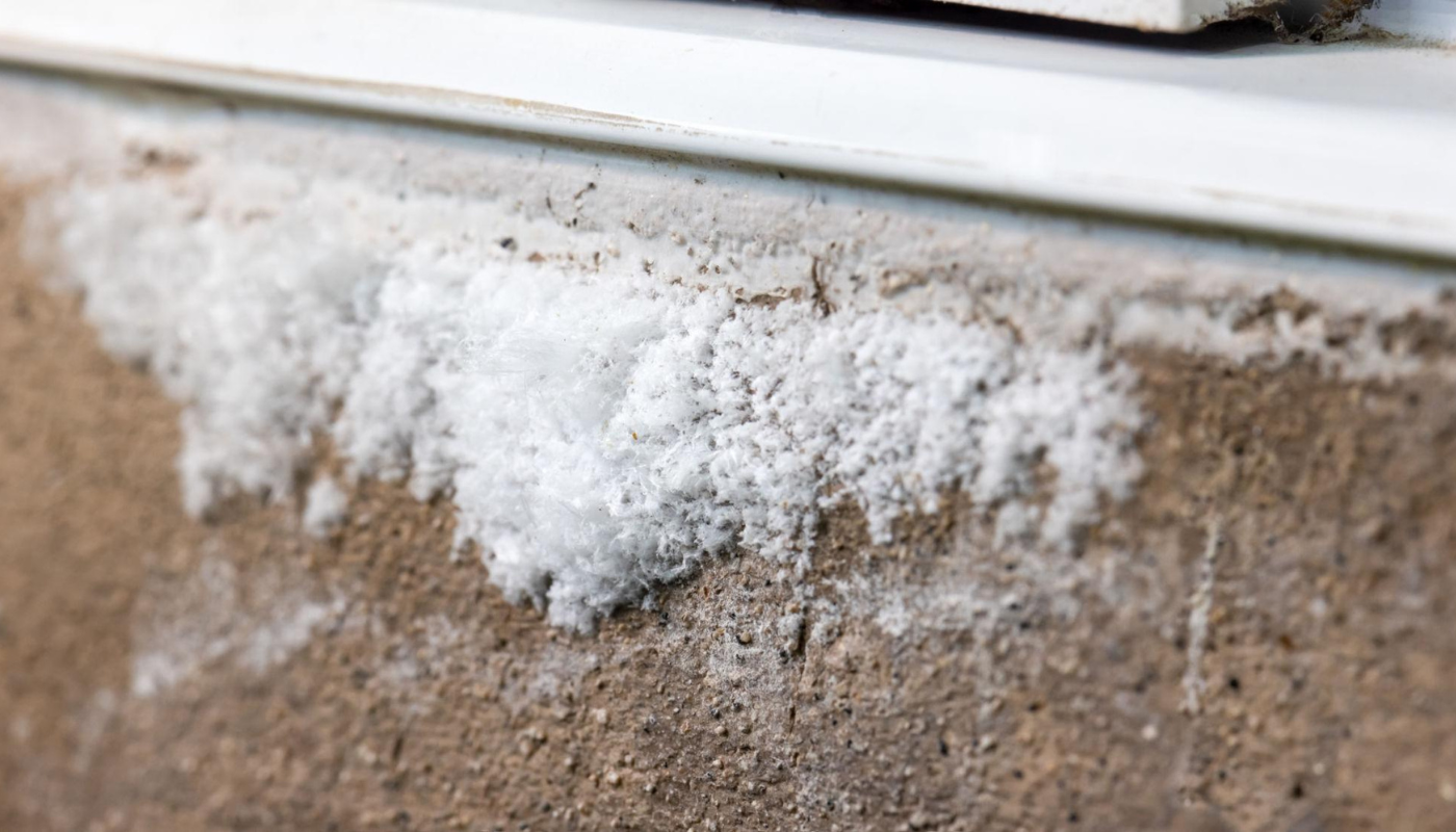 White salt-like efflorescence on a brown concrete wall below a white window frame.