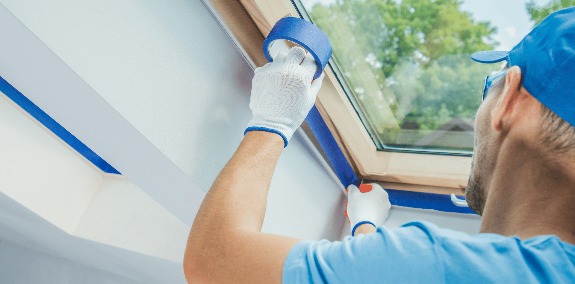 Taping a gutter ready for painting