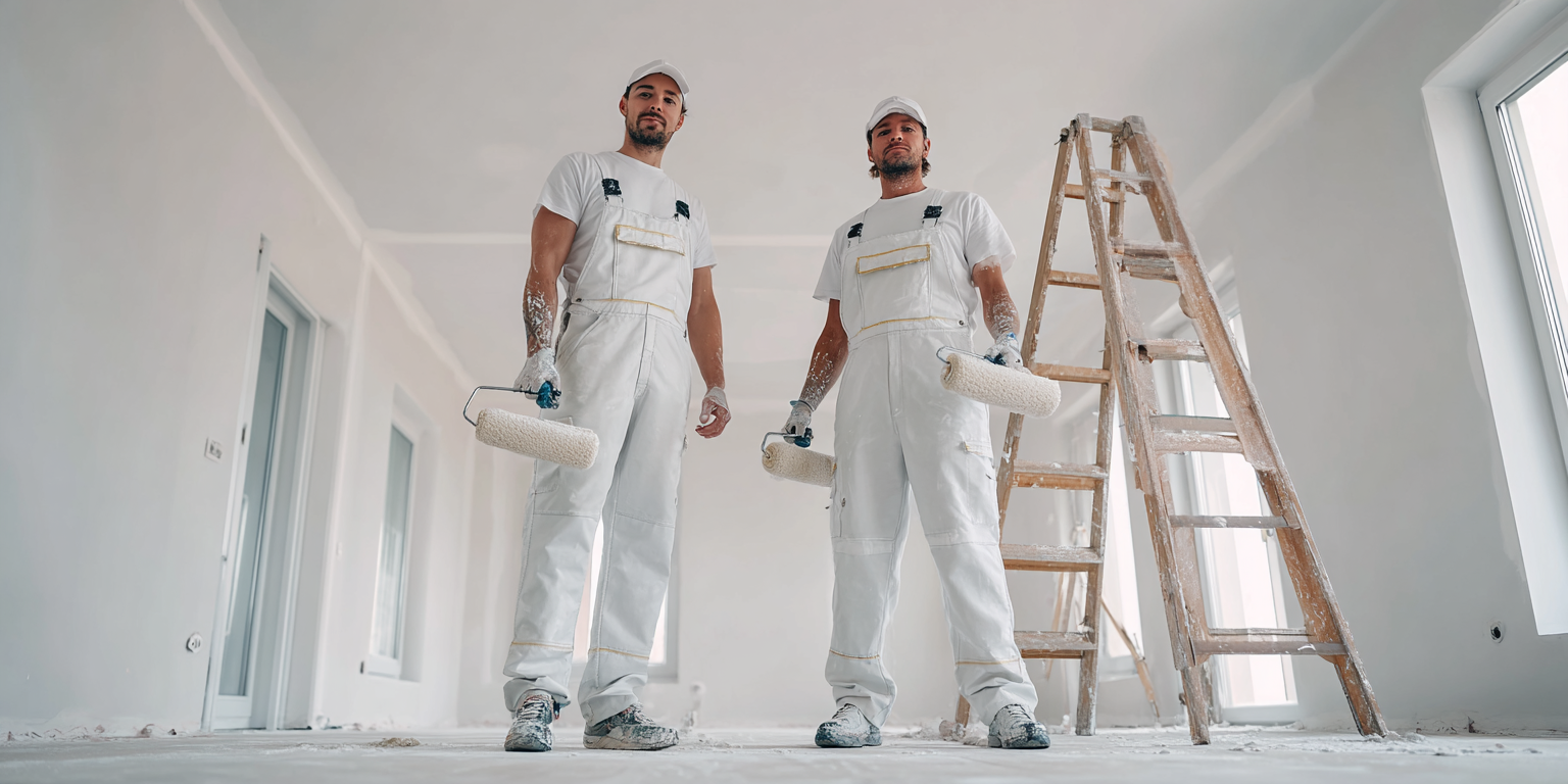 Two painters in white overalls with paint rollers inside a room under construction.
