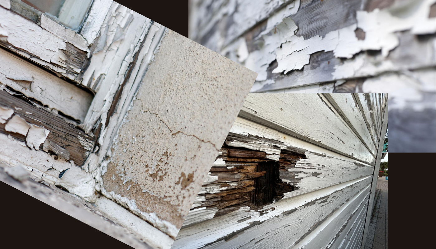 Damaged, peeling white paint on wooden structure, with visible rot and deterioration.