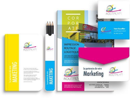 Visuel papeterie corporate et objets publicitaires - Routalya